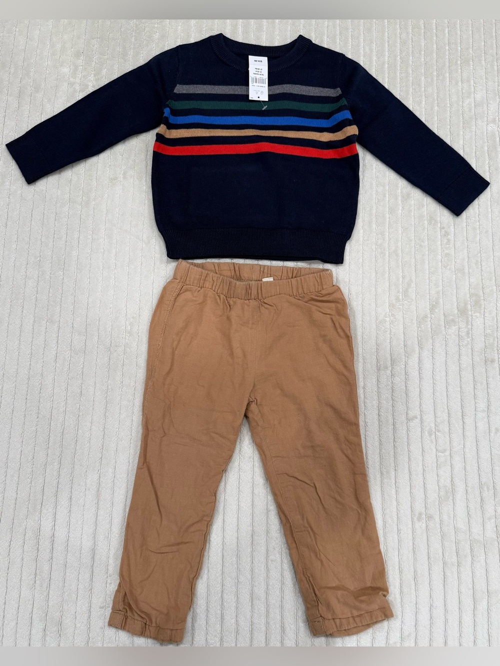 Gap Navy Striped Knit Sweater with Tan Pants Set size 18-24 Months NWT/used
